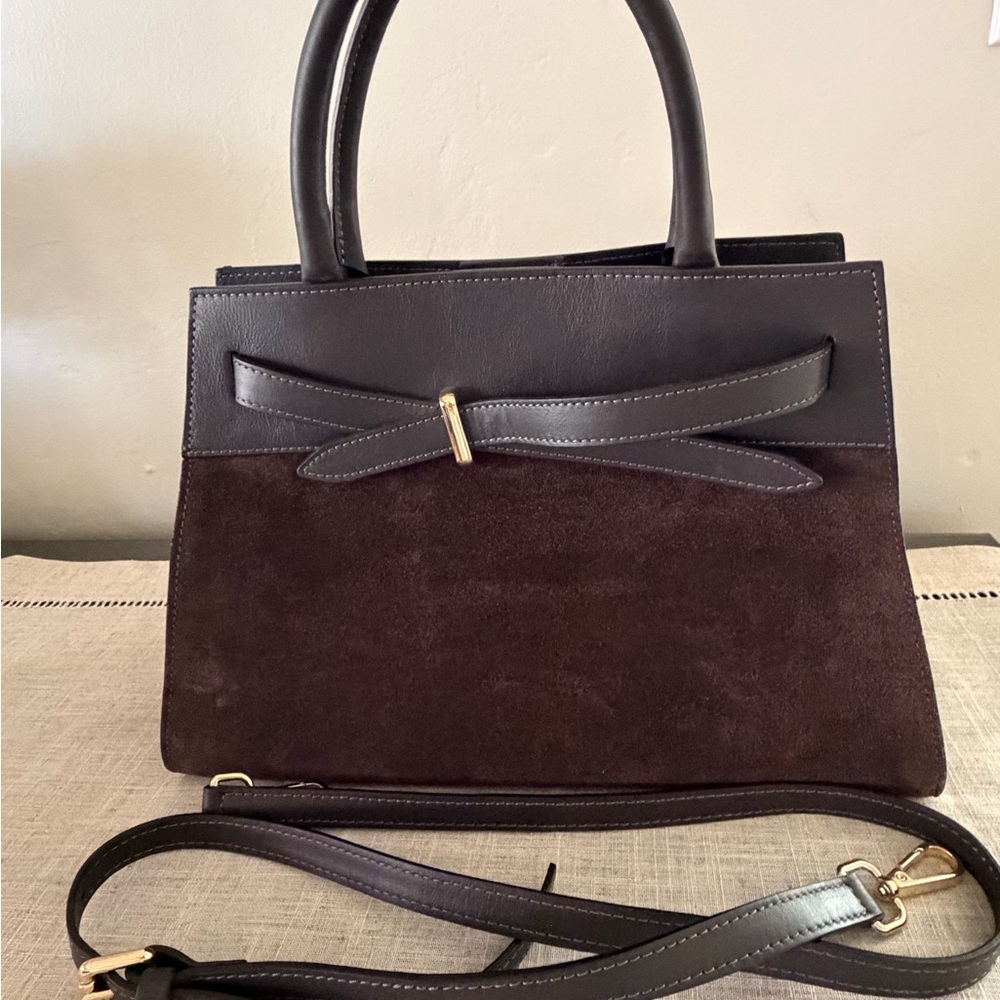 Structured Brown Suede & Leather Top-Handle Handbag - Picture 8 of 10